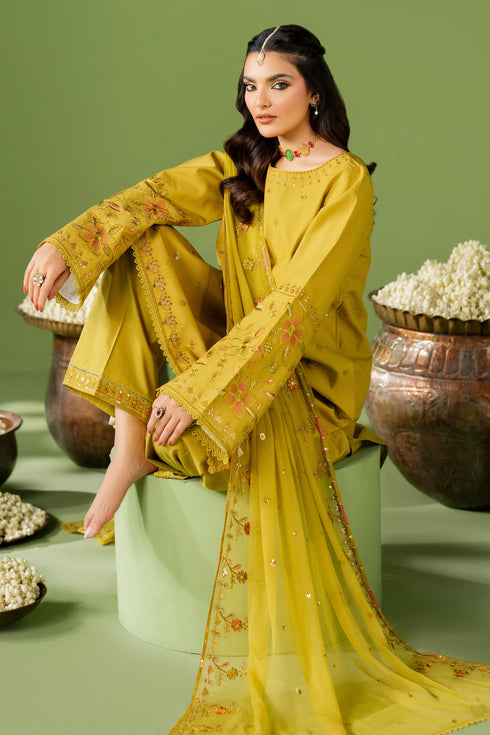 Front styling view of NAQSHI Isha outfit showing dupatta drape and three-piece coordinated set