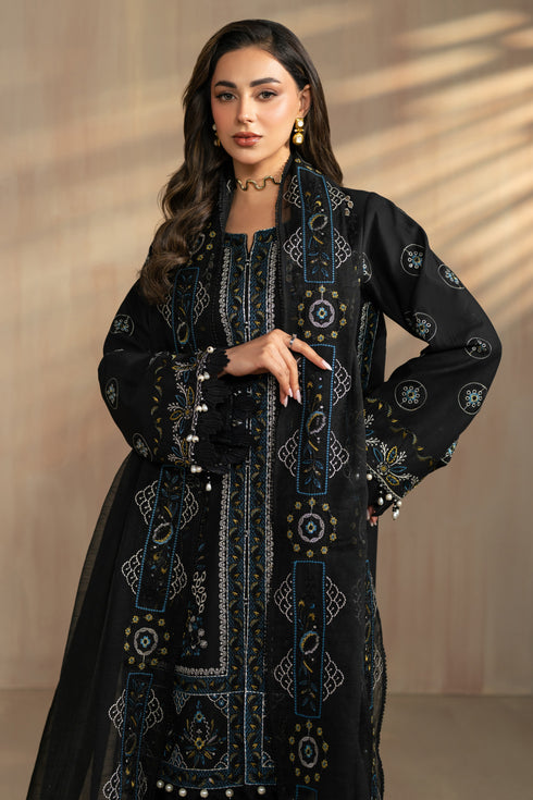 Front styling portrait of Hazeem black embroidered suit highlighting neckline embroidery and vertical front panel motifs, elegant ready made 3 piece outfit.