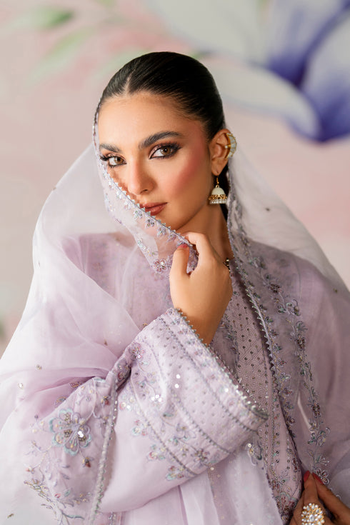Woman in a light purple traditional outfit with intricate designs, holding a sheer fabric.