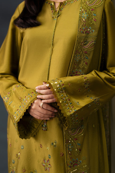 Nazish by NAQSHI close-up of band-neck embroidery and subtle sequin embellishments on shirt panels