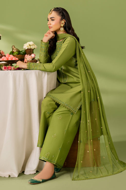 Sitting styling view of NAQSHI Sana outfit showing net dupatta drape and coordinated three-piece set