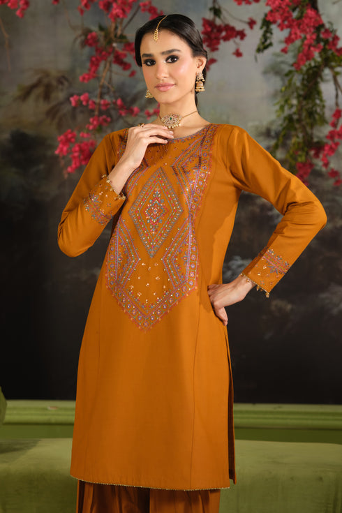 NAQSHI Ordhni rust ready to wear festive outfit with embroidered shirt, cambric trousers, and net dupatta
