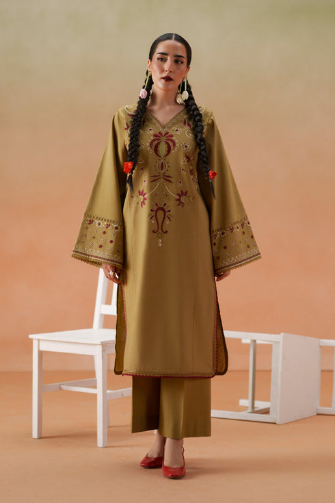 Front pose of Lona olive beige casual pret outfit with maroon embroidery, lawn shirt, culotte trouser, and printed chiffon dupatta.