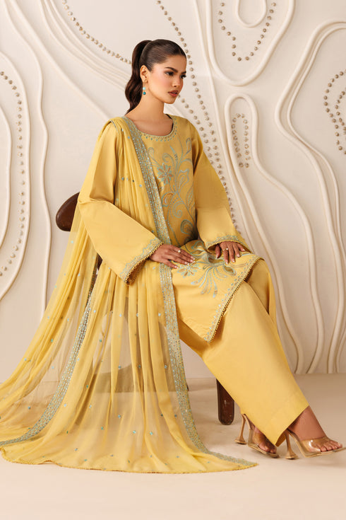 Front styling of NAQSHI Mary outfit showing crinkle dupatta flow, embroidered shirt front, and light summer look