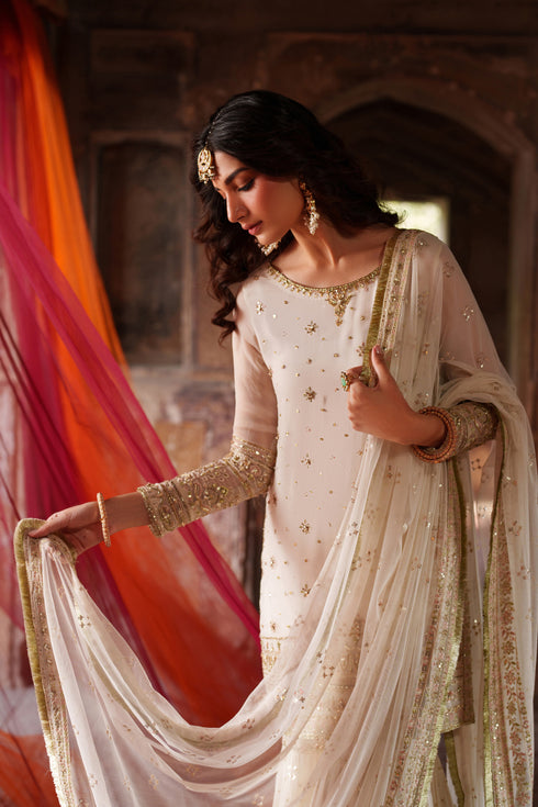 Woman in a traditional outfit with intricate designs in a warm-toned setting