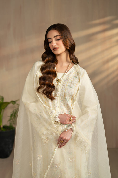 Front styling portrait highlighting V neckline embroidery and balanced silhouette of Ashnoor off white lawn dress, elegant 3 piece Pakistani outfit.