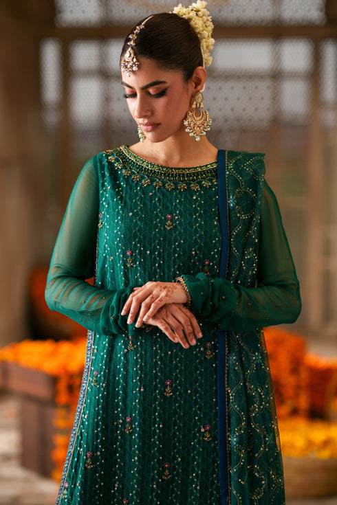 Three piece green and blue crinkle chiffon suit with embellished long shirt, wide flary pants and net dupatta for semi formal wear