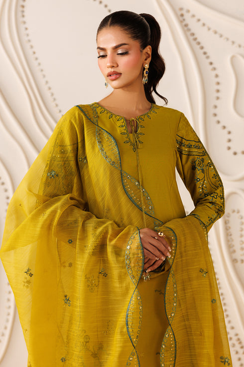 Front close-up of NAQSHI Evara cambric shirt showing neckline embroidery, sequence work, and organza patch detailing