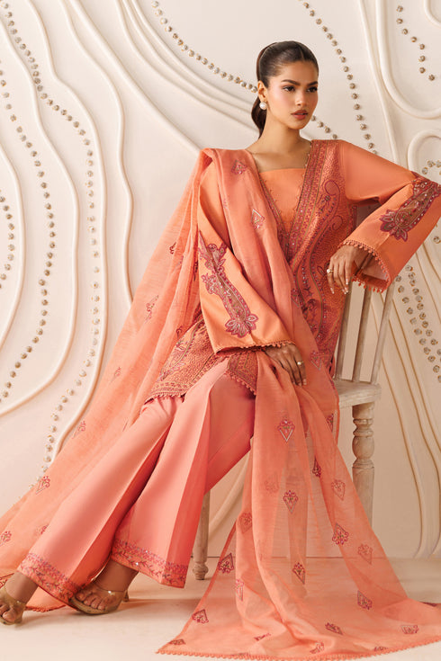 Front styling of NAQSHI Flaira outfit showing flowing cotton organza dupatta, embroidered shirt, and balanced casual look