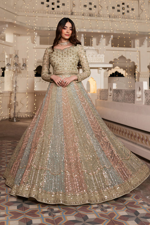 Woman in a traditional embroidered outfit standing in an ornate indoor setting.