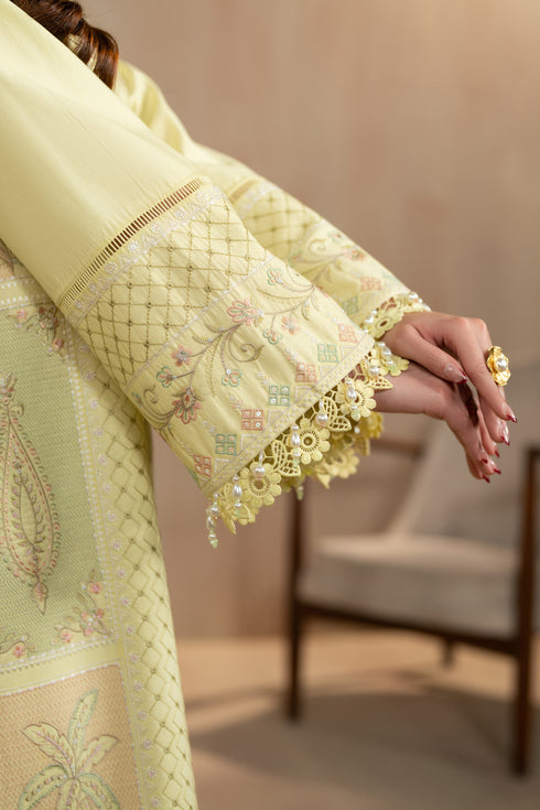 Sleeve close up of Akasha showing organza cuff border with lace and hanging tassel details, embroidered summer 3 piece suit.