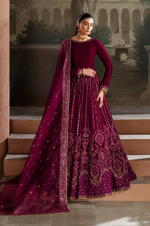 Woman in a maroon traditional outfit with intricate patterns standing on steps.