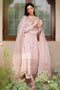 NAQSHI Gul-e-Meena front view – lavender raw silk shirt with hand-embroidered adda neckline, sequins, and organza dupatta