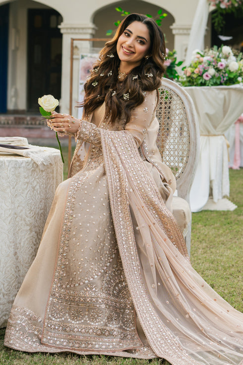 Ezaraa peach pink 4-piece tissue lehenga gown with net dupatta, full spread look for formal and bridal events
