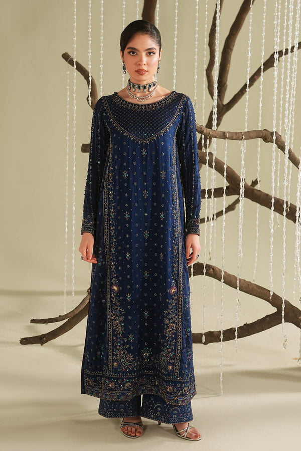 Royal blue embroidered formal long shirt with culotte and dupatta, full front view, elegant ready-to-wear outfit for weddings and formal events.