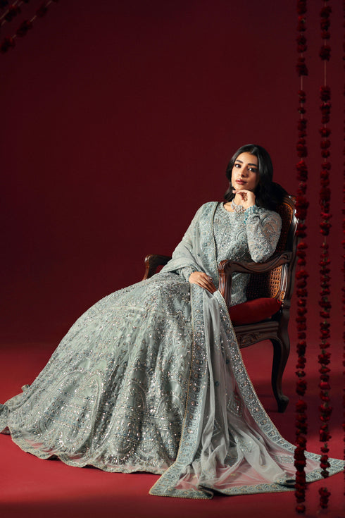 NAQSHI Satayesh ten-panel aqua net skirt with intricate embroidery and structured flare