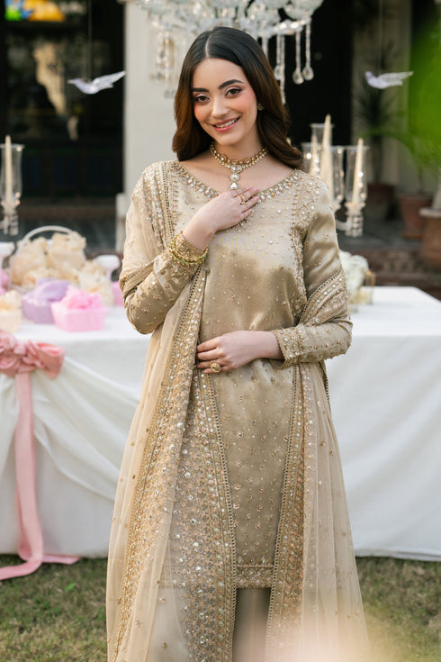 Orhaan dusty rose 3-piece formal outfit with tissue fabric and net dupatta, polished look for evening and traditional events