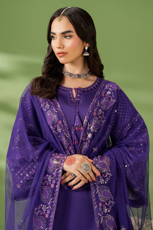 Front close-up of NAQSHI Uzma outfit showing round neckline and net dupatta border embroidery