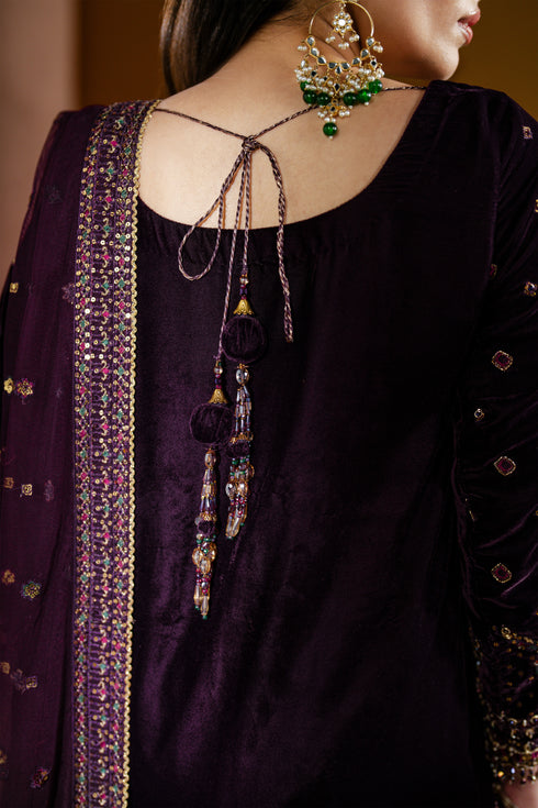 Close-up of a person wearing a dark purple traditional outfit with intricate detailing.
