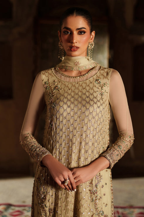 Woman wearing a beige embroidered traditional outfit with a blurred background