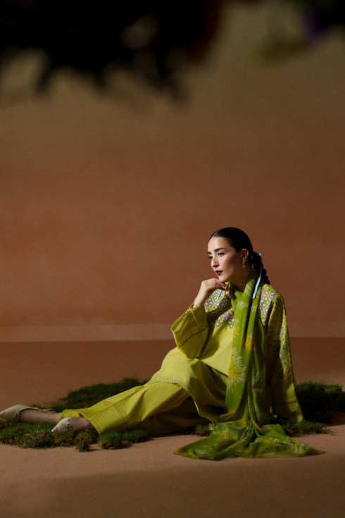 Seated pose of Deniz lime 3-piece outfit showing embroidered neckline, lace-finished sleeves, cambric shalwar, and printed dupatta.