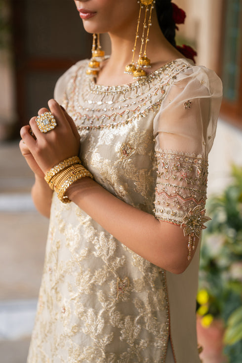 Close view of Ablaaj organza embroidered shirt with neckline detail and delicate festive embroidery