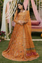 NAQSHI Romanvi tangerine raw‑silk lehenga choli with boat neckline, heavy sequin and textured thread embroidery on bodice, paired with embellished lehenga and organza dupatta