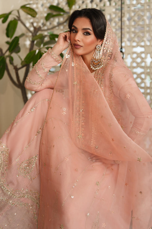 Organza dupatta from NAQSHI Safron draped elegantly, displaying length‑wise embroidery and sequin spread