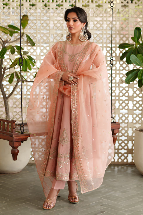 NAQSHI Safron PK raw silk straight trouser with sleek finish perfectly paired with peach frock