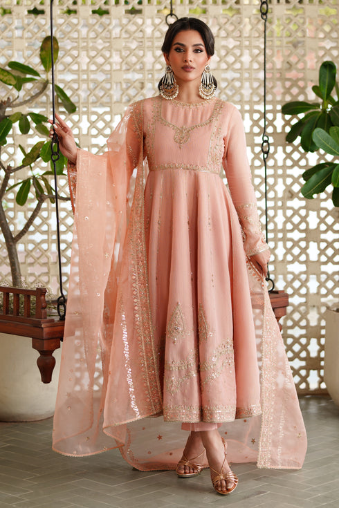 Front view of NAQSHI Safron peach viscose Masoori frock with rich embroidery and sequin‑embellished bodice