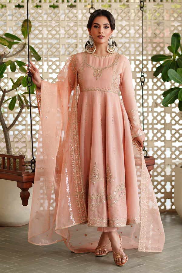 Front view of NAQSHI Safron peach viscose Masoori frock with rich embroidery and sequin‑embellished bodice