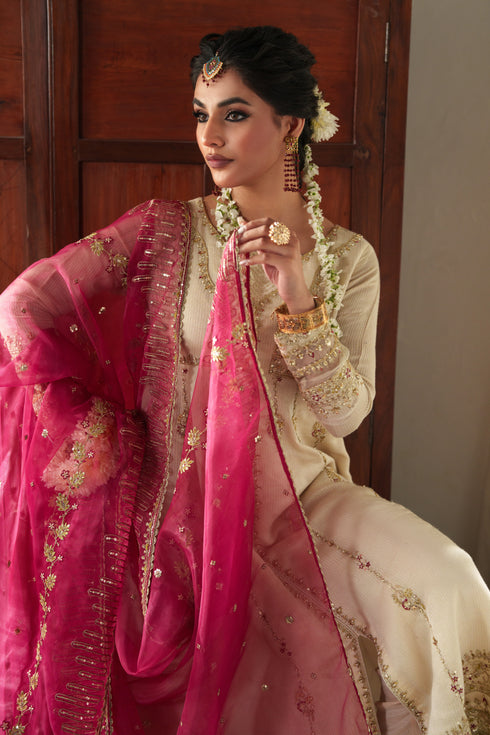 NAQSHI Rumi organza dupatta detail: translucent off‑white fabric embellished with sequins and length‑wise thread embroidery.