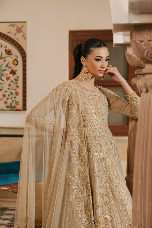 Close‑up of NAQSHI Maneha sleeve embellished with pearls, crystals, sequins, and scalloped net lace edged with hand‑attached crystal tassels