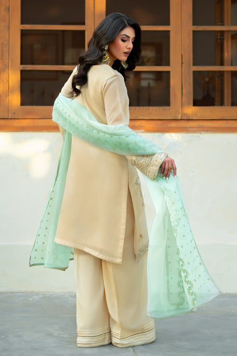 Back of NAQSHI Kathrine shirt: centre slit with adda piping, sequin‑trimmed sleeves, and feminine organza motifs