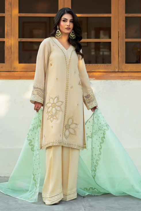 odel wearing NAQSHI Kathrine showing intricate sequin borders and organza‑floral accents on Khaddi shirt
