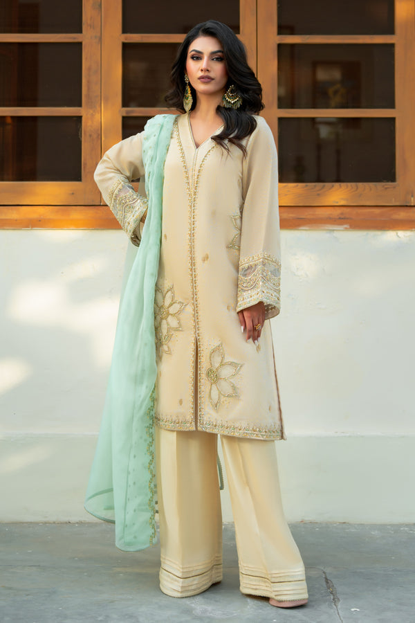 NAQSHI Kathrine off‑white Khaddi Masoori 3PC set with V‑neck adda piping and sequin‑embellished centre slit