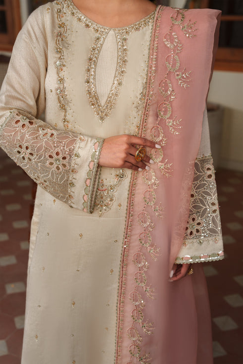 Close‑up of NAQSHI Annie sleeve highlighting delicate cut‑work embroidery on organza patches