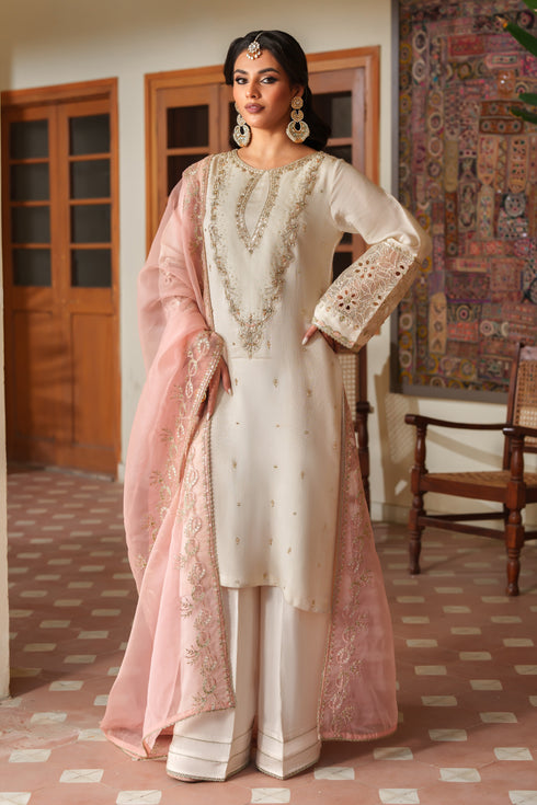 Model wearing full Annie ensemble: viscose shirt, silk culottes & pink organza embroidered dupatta