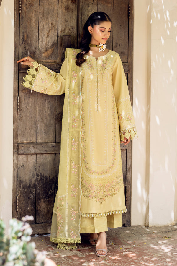 NAQSHI Gulshan front: lime‑lemon Pima lawn shirt with embroidered boat neckline framing collarbone, decorative buttons, three-panel cut & lace‑trim hem.