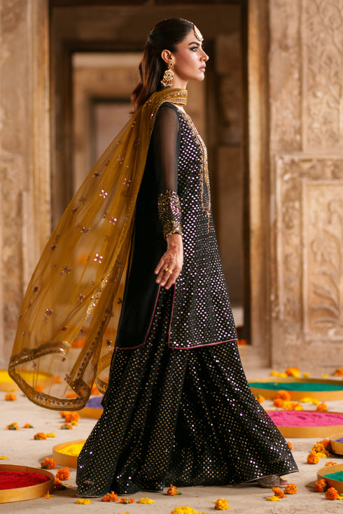 Side view of Irra black crinkle semi formal outfit featuring brown contrast net dupatta and embellished flary pants