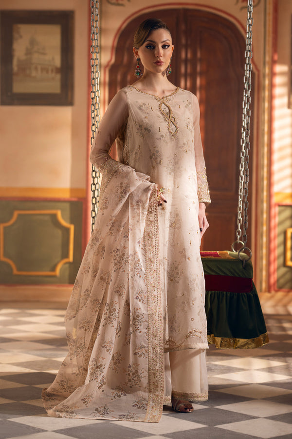 Beige double layered organza long shirt by NAQSHI with boat neckline, embroidery, adda work, flared trousers, and printed dupatta for formal events.