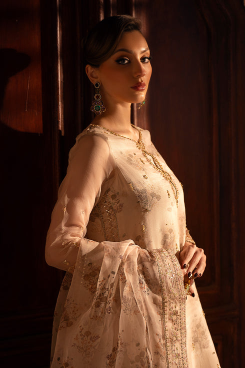 Side close view of NAQSHI Shifa beige formal outfit showing sleeve embroidery, sequin work, and layered organza finish.