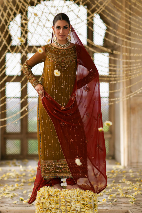 Three piece brown and red crinkle suit with embellished long shirt, PK raw silk churidar pajama and festive dupatta
