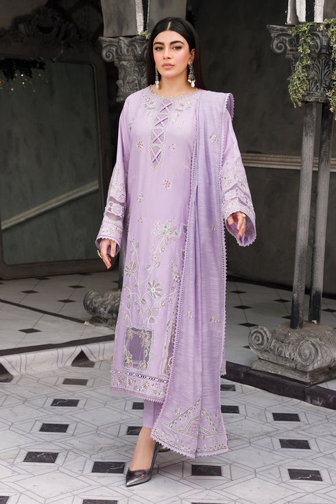 NAQSHI Adah lavender ready-to-wear outfit with long cotton satin shirt, straight trousers, and cotton organza dupatta for elegant occasions