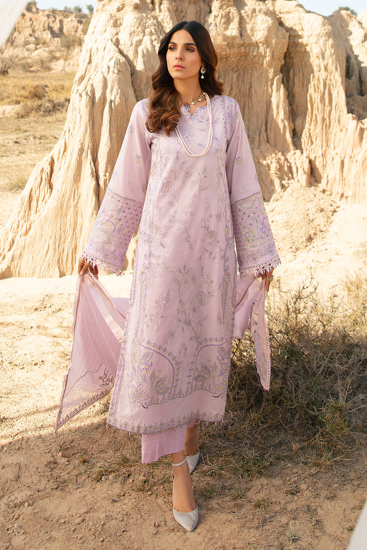Full front view of Farhang lavender embroidered long lawn shirt with straight cambric trousers ready to wear women occasion outfit