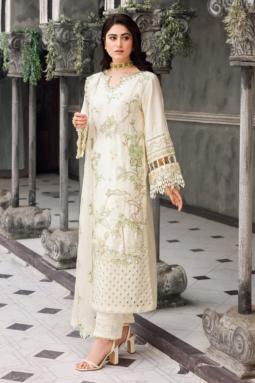 Front full view of Motiya off white embroidered long shirt and straight pants set