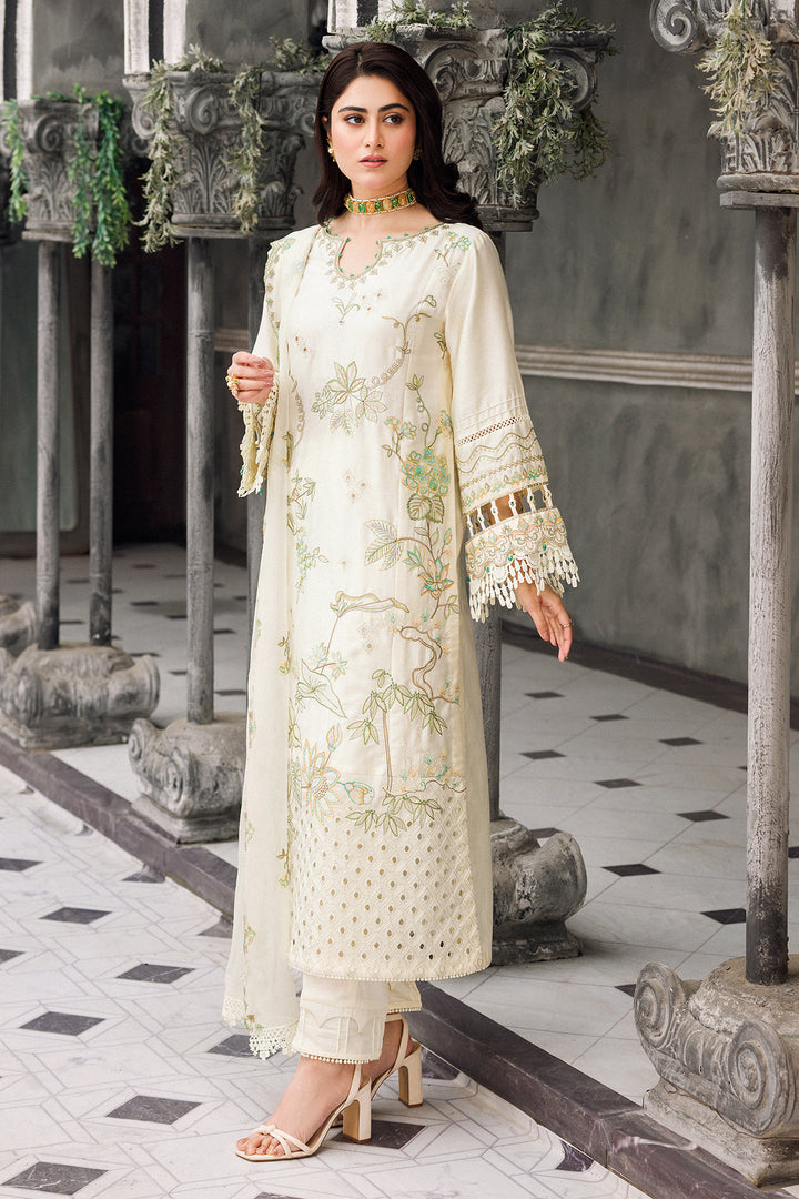 Front full view of Motiya off white embroidered long shirt and straight pants set