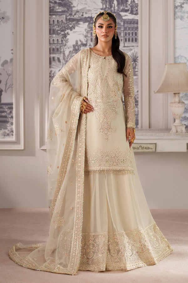 NAQSHI Seemal cream embroidered ready-to-wear formal outfit with long embellished shirt, flared skirt and matching embroidered dupatta for weddings and reception events.