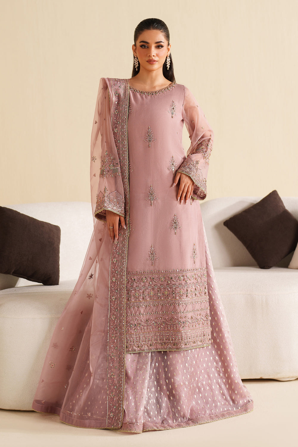 Full front view of NAQSHI blush pink formal ready-to-wear outfit showing long flowy cut and complete stitched event look