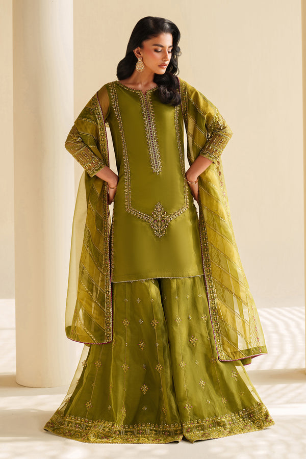 Woman wearing a green traditional outfit with embroidery against a neutral background